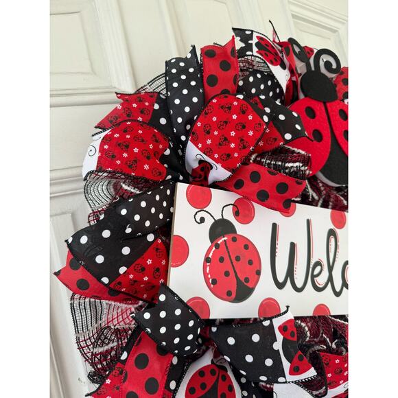 Welcome Ladybug Ribbon Deco Mesh Spring Summer Wreath, Front Door Hanger - Picture 5 of 8